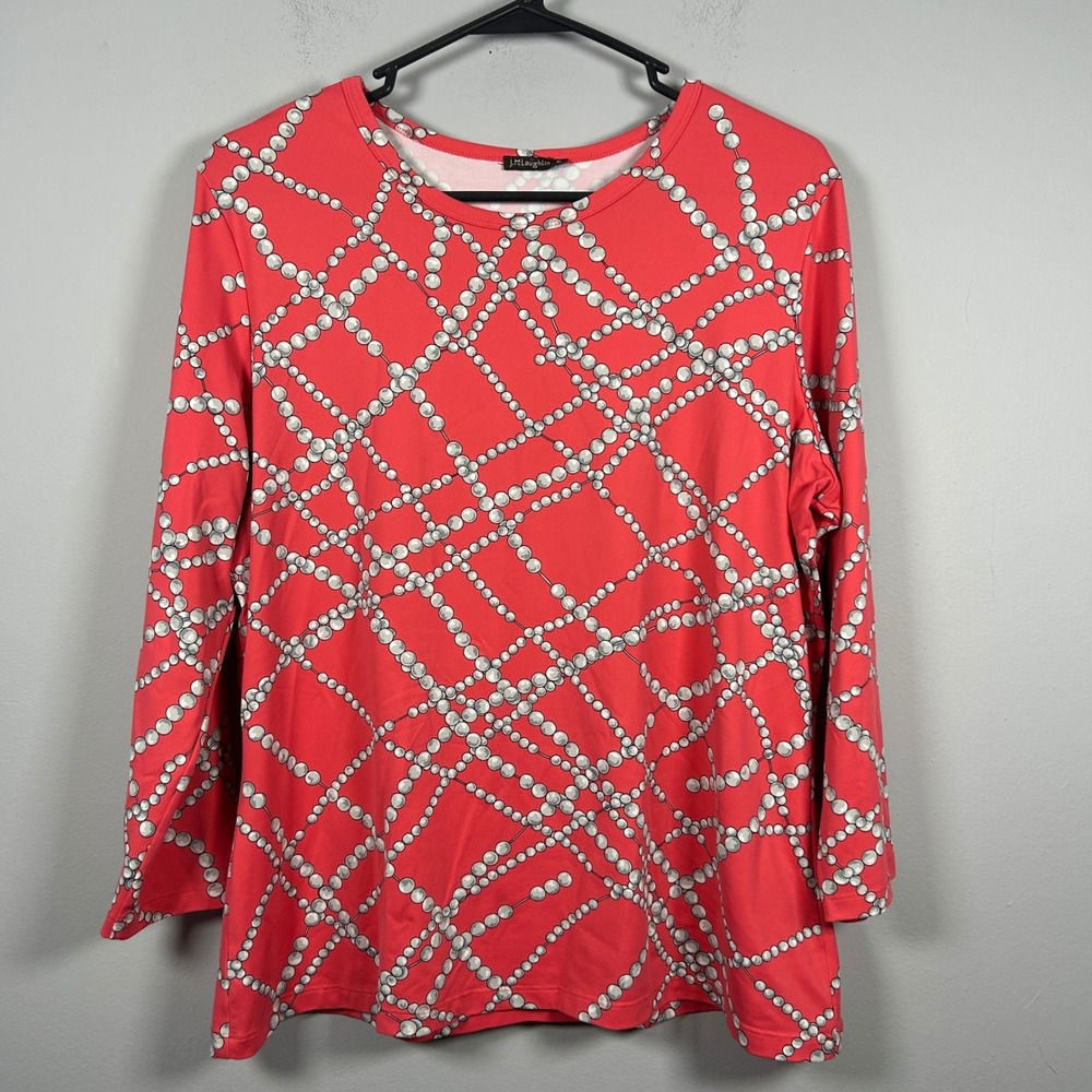 J.McLaughlin Top Womens XL Coral Red Pearl Lattice Chain Link Catalina Cloth